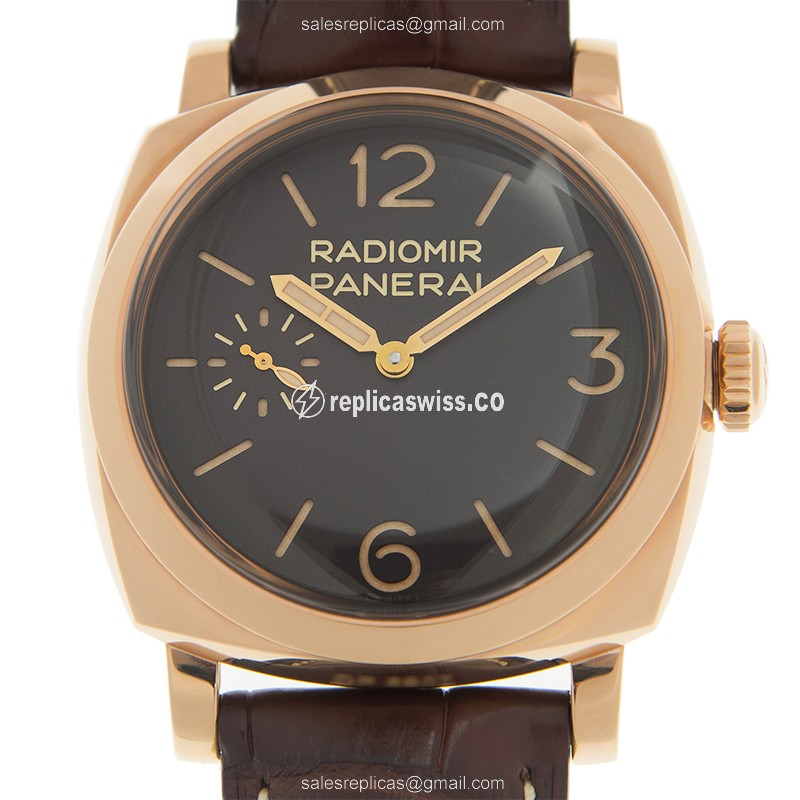 Exquisite Panerai PAM00398 RADIOMIR Manual Wind Replica in 18kt Gold, Black Dial & Brown Alligator