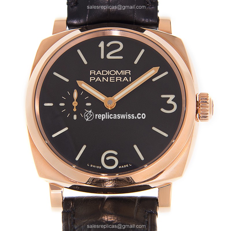 Exquisite Panerai PAM00575 RADIOMIR Manual Wind Replica in 18kt Gold, Black Dial & Leather Strap
