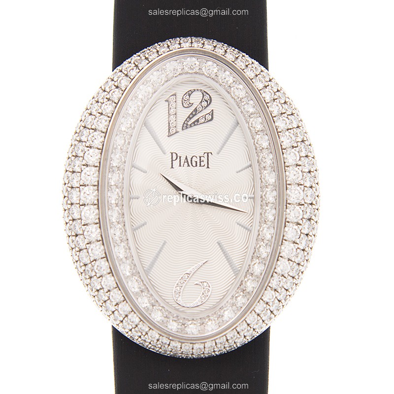 Exquisite Piaget Limelight G0A35099 Replica in 18kt White Gold, Silver Dial & Black Leather Strap