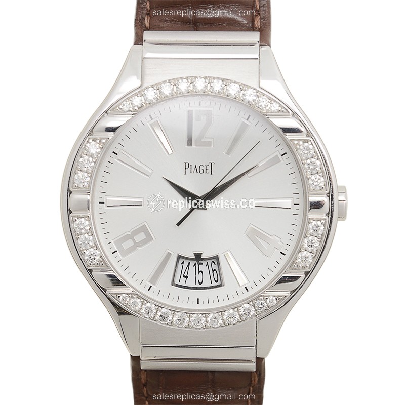 Exquisite Piaget POLO Replica in White Gold & Diamond Automatic Movement, Brown Alligator Strap