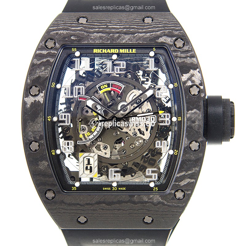 Exquisite Richard Mille RM030CA Automatic Skull Dial Carbon Fiber Replica with Black Alligator