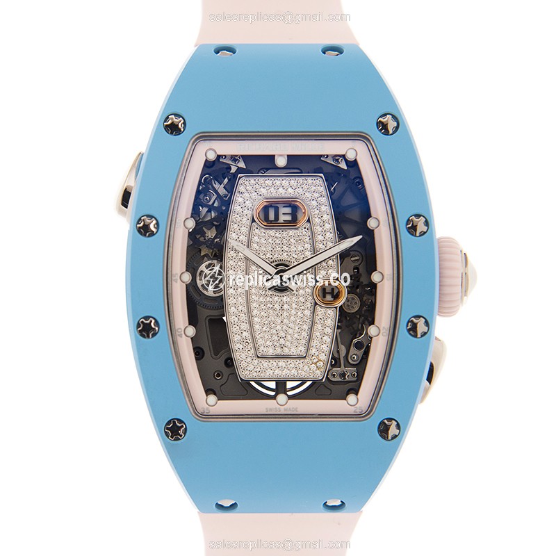 Exquisite Richard Mille RM037WG Blue Lady Series Automatic, Steel Case & Silver Dial on Pink Rubber