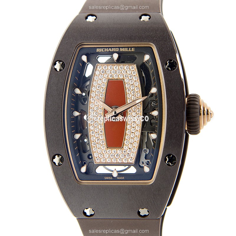 Exquisite Richard Mille RM07BC in Red Ceramic with Automatic Movement Brown Rubber Strap Watch