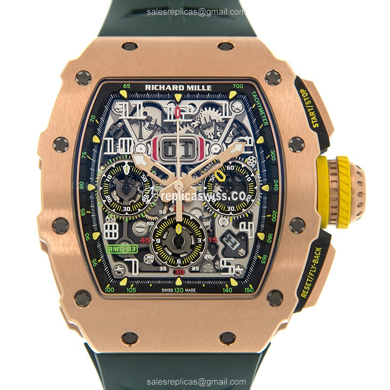 Exquisite Richard Mille RM11-03 RG Silver Dial Automatic Gold Case, Green Rubber Strap, Sapphire