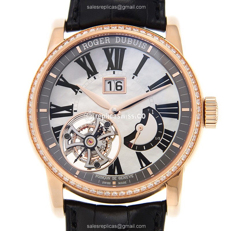 Exquisite Roger Dubuis DBHO0579 HOMMAGE Manual Wind Watch in 18kt Rose Gold, White Dial, Alligator