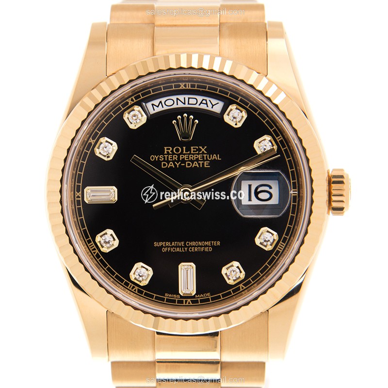 Exquisite Rolex 118238ABK DAY-DATE Replica in Black Dial & Gold Strap, Automatic Movement Watch