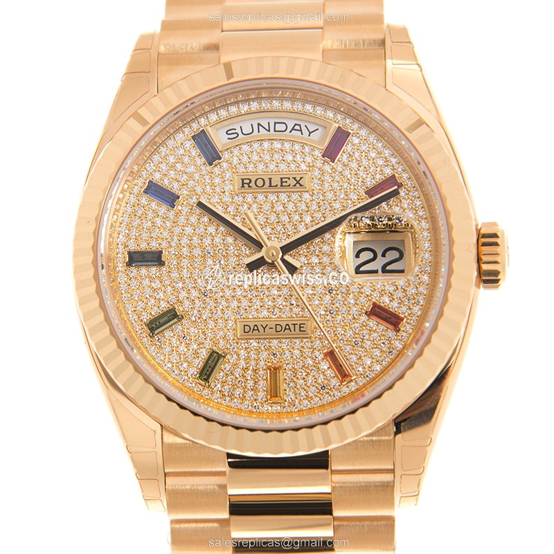 Exquisite Rolex 128238-0051 DAY-DATE Replica in 18kt Silver Dial Gold Case, Automatic Movement