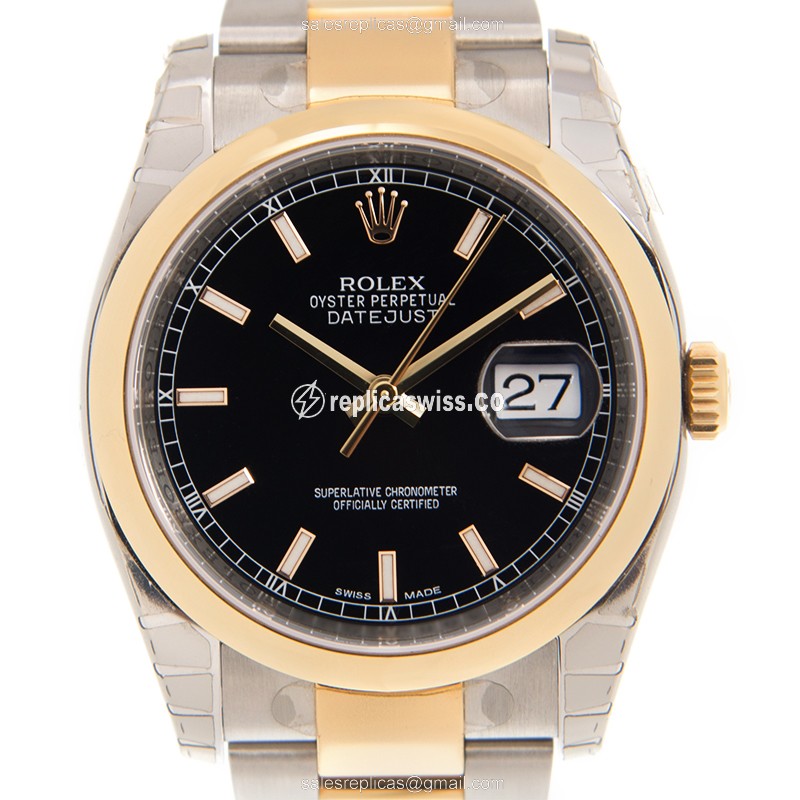 Exquisite Rolex DATEJUST Replica in 18kt Gold & Black Sapphire Crystal, Automatic Movement Watch
