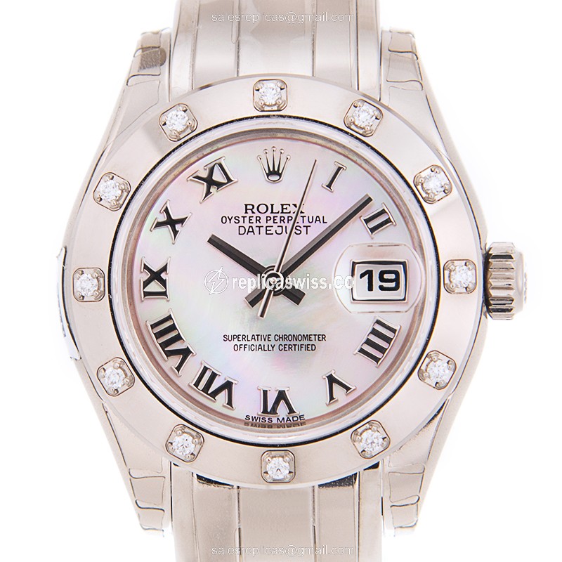 Exquisite Rolex DATEJUST Replica in 18kt White Gold & Diamond, Automatic Movement & Silver Strap