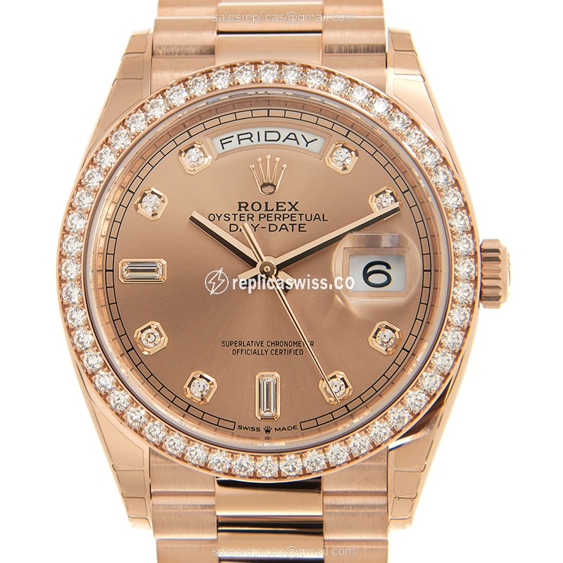 Exquisite Rolex Day-Date 128345RBR-0009 Replica in Pink Gold Case, Automatic Movement & Diamond