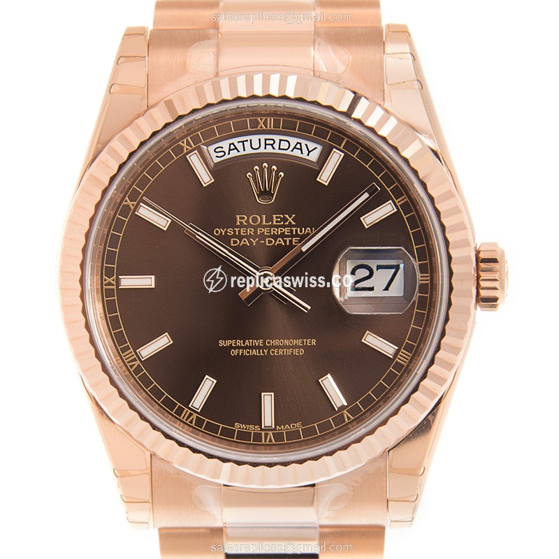 Exquisite Rolex Day-Date Replica in 18kt Rose Gold, Automatic Movement, Brown Dial & Gold Strap