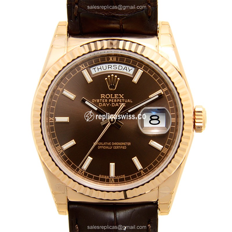 Exquisite Rolex Day-Date Replica in 18kt Rose Gold, Automatic Movement & Brown Dial, Leather Strap