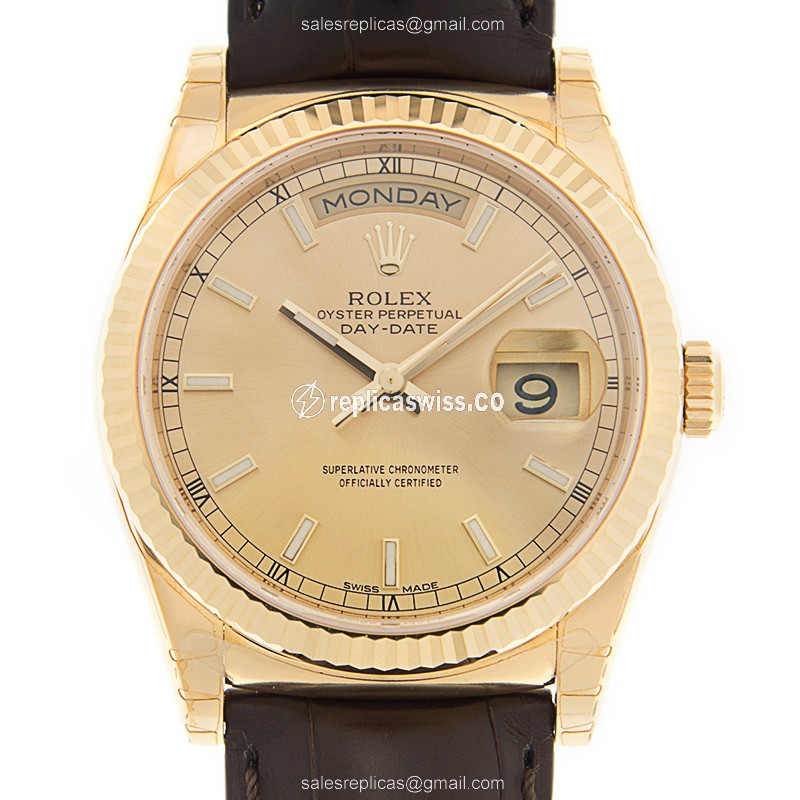 Exquisite Rolex DAY-DATE Replica in 18kt Yellow Gold with Automatic Movement Classic Brown