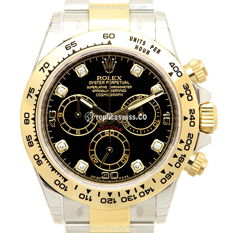 Exquisite Rolex Daytona Replica in 18kt Gold & Black Dial, Automatic Movement & Steel Strap Watch
