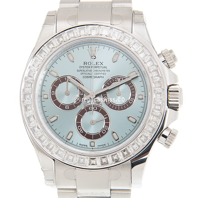 Exquisite Rolex Daytona Replica in Platinum & Blue, Automatic Movement & Crystal Bezel Watch