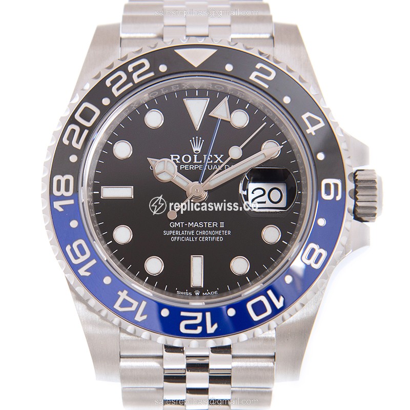 Exquisite Rolex GMT-MASTER II Automatic Replica in Stainless Steel, Black Dial & Silver Band Watch