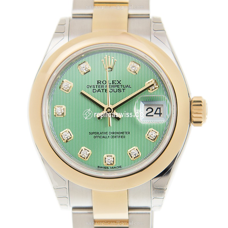 Exquisite Rolex Lady Datejust Replica in 18kt Steel, Automatic Movement, Green Dial & Gold Strap