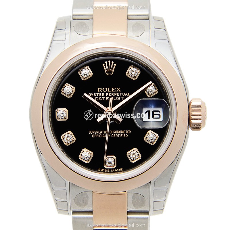 Exquisite Rolex Lady Datejust Replica in 18kt Steel & Rose Gold, Automatic Movement, Black Dial