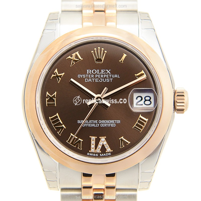 Exquisite Rolex Lady Datejust Replica in 18kt Steel & Rose Gold, Automatic Movement & Brown Dial