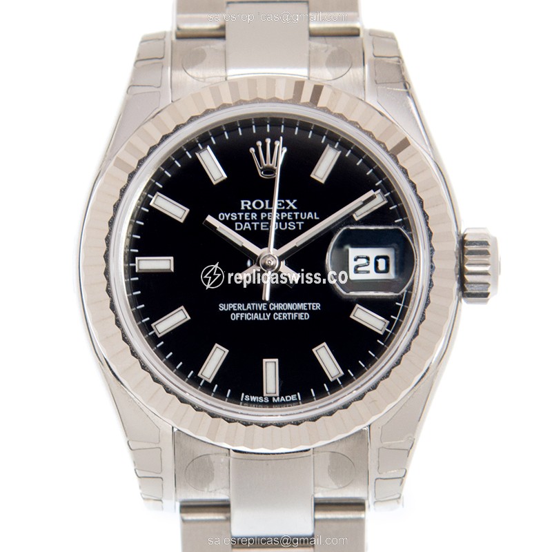 Exquisite Rolex Lady Datejust Replica in 18kt Steel & White Gold, Automatic Movement & Black Dial