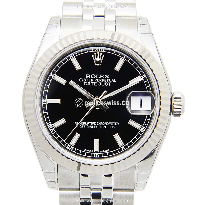 Exquisite Rolex Lady Datejust Replica in 18kt White Gold & Black Dial, Automatic Movement Watch