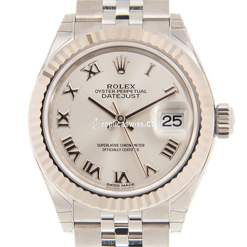Exquisite Rolex Lady Datejust Replica in 18kt White Gold & Silver, Automatic Movement & Crystal
