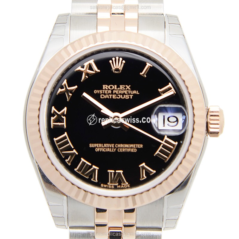 Exquisite Rolex Lady Datejust Replica in Black Dial & 18kt Steel Case, Automatic Movement Watch