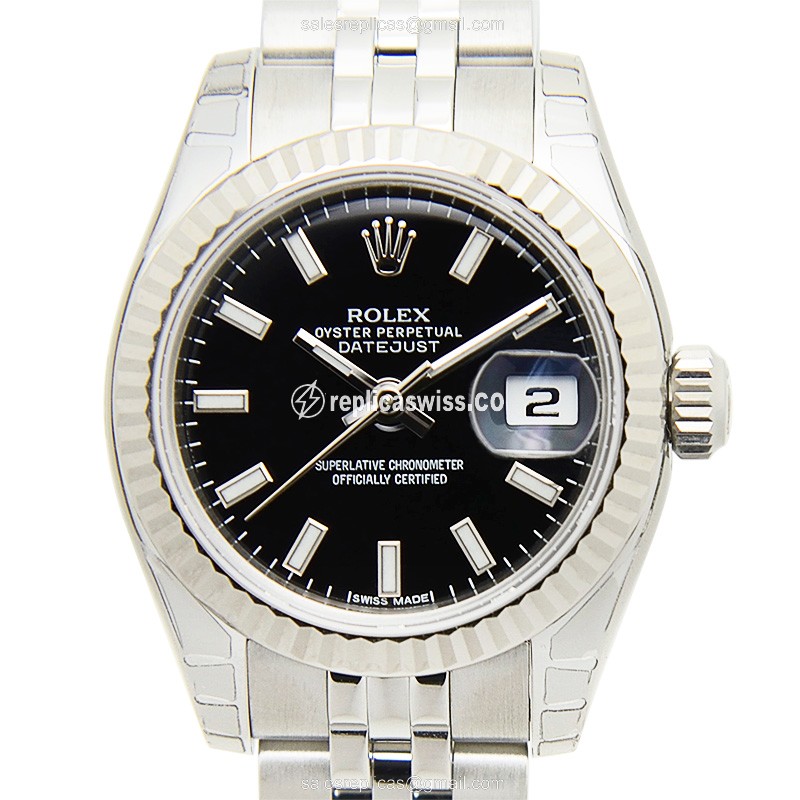 Exquisite Rolex Lady Datejust Replica in Black Dial & 18kt White Gold, Automatic Movement Watch