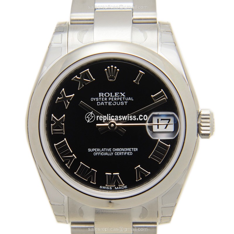 Exquisite Rolex Lady Datejust Replica in Black Dial Stainless Steel Case with Automatic