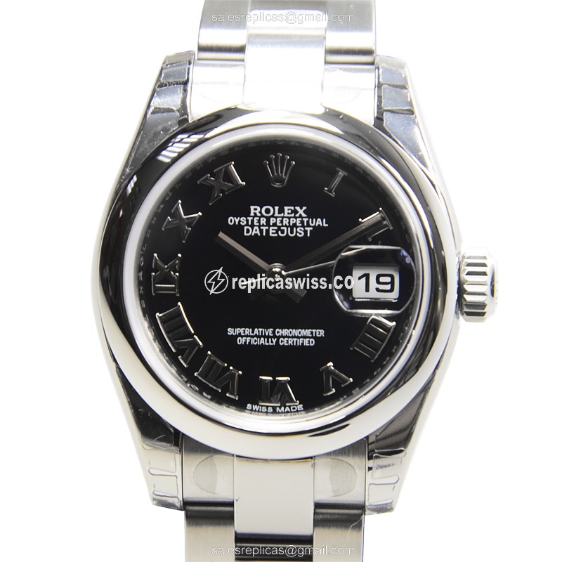 Exquisite Rolex Lady Datejust Replica in Black Dial Stainless Steel Case with Automatic