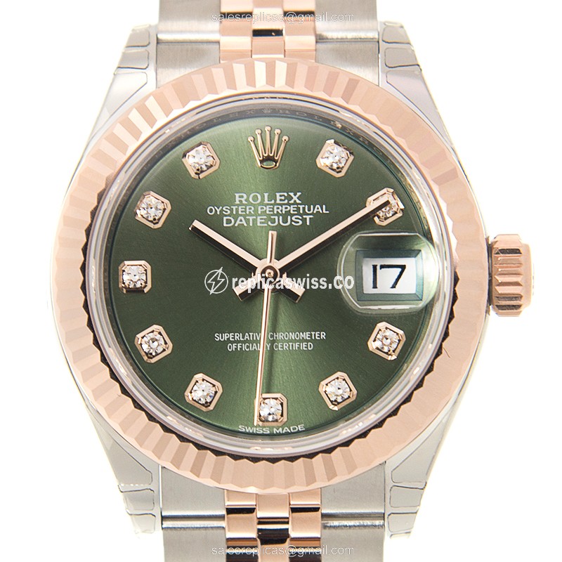 Exquisite Rolex Lady Datejust Replica in Green Dial 18kt Steel Case Watch