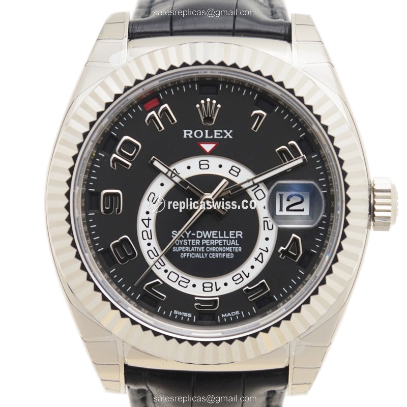 Exquisite Rolex Sky-Dweller Replica in 18kt Gold, Automatic Movement, Black Dial & Leather Strap