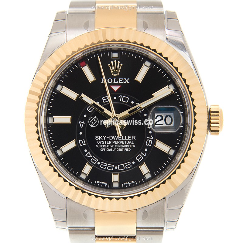 Exquisite Rolex Sky-Dweller Replica in 18kt Gold & Steel Case, Automatic Movement, Black Dial Watch