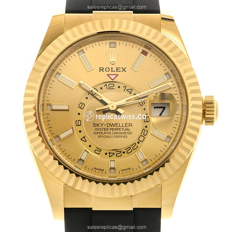 Exquisite Rolex Sky-Dweller Replica in 18kt Gold with Automatic Movement Gold Dial Watch