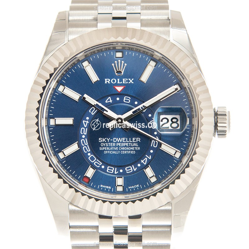 Exquisite Rolex Sky-Dweller Replica in 18kt White Gold, Automatic Movement, Blue Dial Watch
