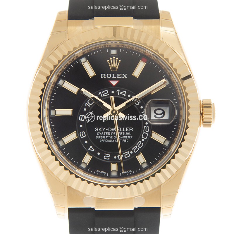Exquisite Rolex Sky-Dweller Replica in 18kt Yellow Gold with Black Dial & Automatic Movement Watch