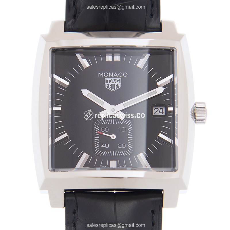 Exquisite Tag Heuer Manaco Quartz Replica in Stainless Steel with Black Dial Leather Strap Watch