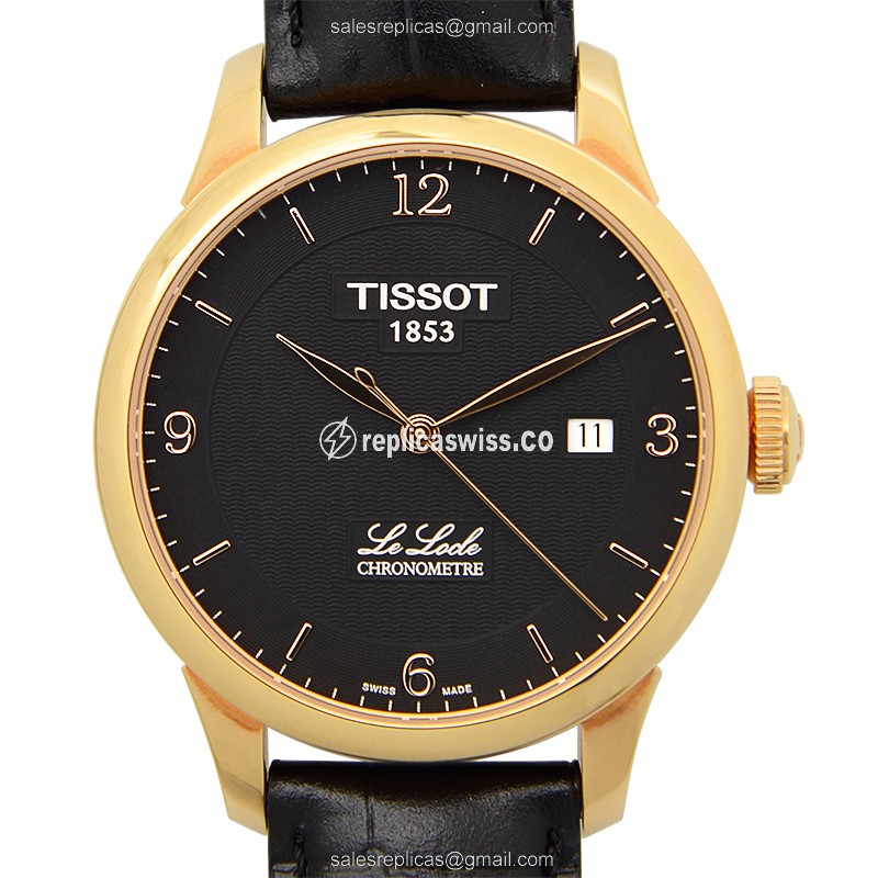 Exquisite Tissot T-CLASSIC Replica in Automatic Gold & Stainless, Black Dial Leather Strap Watch