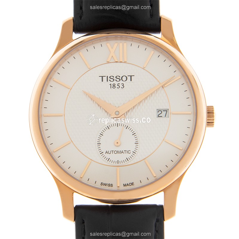 Exquisite Tissot T-TRADITION Automatic Replica in Polished Gold Silver Dial Watch