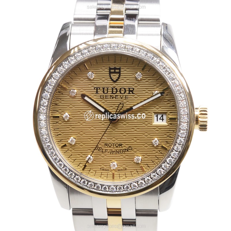 Exquisite Tudor 55023GLAMOUR Gold-Case Diamond-Accent Silver Strap Watch, Automatic Movement