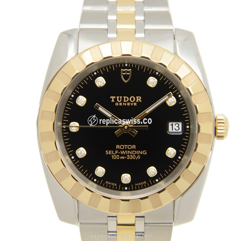 Exquisite Tudor CLASSIQUE 21013-62583 Automatic Replica, 18kt Steel & Gold Case, Black Dial &
