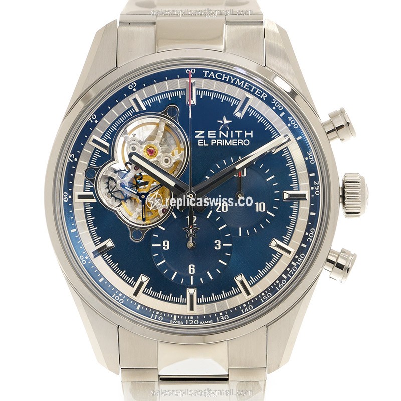 Exquisite Zenith CHRONOMASTER Automatic Replica, Stainless Steel Case with Blue Dial Silver