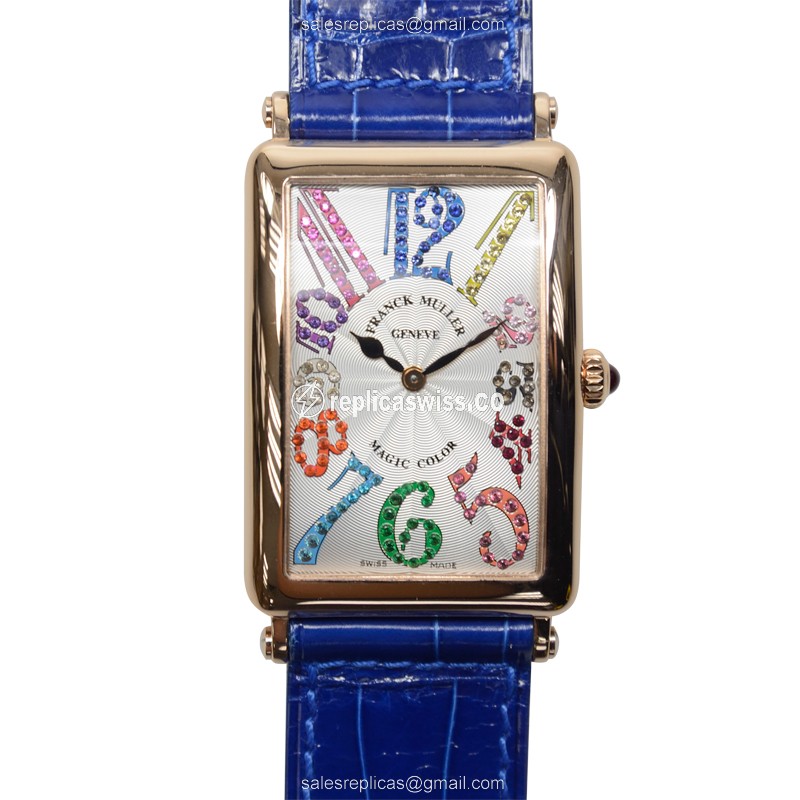 Franck Muller 1002 Long Island Replica in 18kt Rose Gold, Silver Dial, Alligator Blue Strap Watch