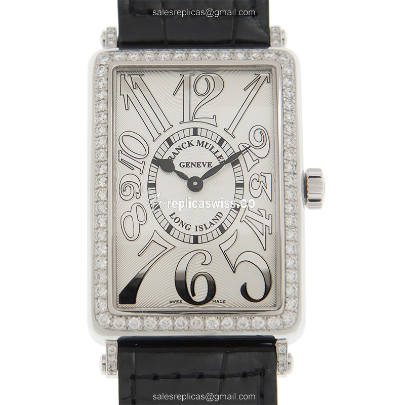 Franck Muller 1002 Long Island Replica in 18kt White Gold & Diamond, White Dial & Leather Strap