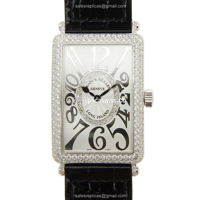 Franck Muller 1002 Long Island Replica in 18kt White Gold, Silver Dial, Alligator Strap Watch