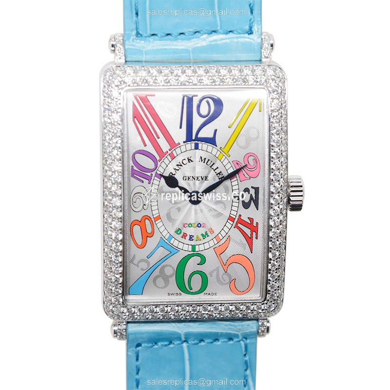 Franck Muller 1002 Replica with Silver Dial & Blue Alligator Strap, Automatic Movement Watch