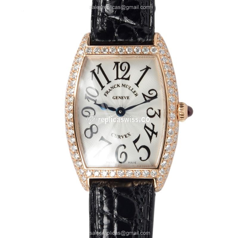 Franck Muller 1752 Cintree Curvex Replica, Silver Dial, 18kt Rose Gold Case & Alligator strap Watch