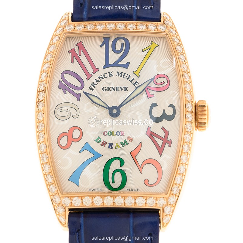 Franck Muller 2852 B Cintree Curvex Replica | Swiss Quartz | 18kt Rose Gold Bezel, Blue Leather