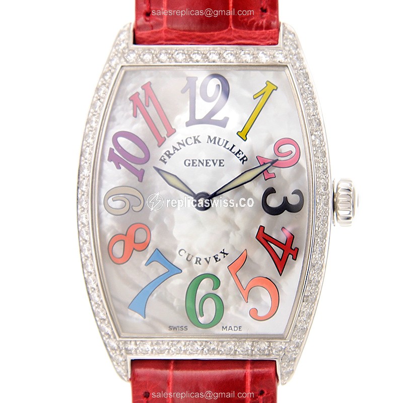 Franck Muller 2852 QZ Cintree Curvex Replica | White Dial, Diamond Case & Alligator Strap Watch