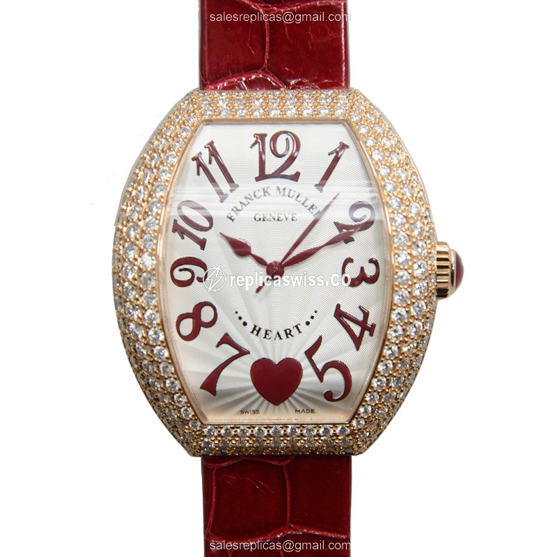 Franck Muller 5000 H SC Heart Automatic Watch in 18kt Rose Gold with Silver Dial Red Leather